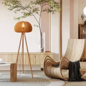 Tripod Wood Floor Lamp With Pleated Mushroom Shade FL-B004 2