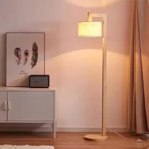 L-Shaped Solid Wood Floor Lamp with Cylinder Linen Shade FL-B008 3