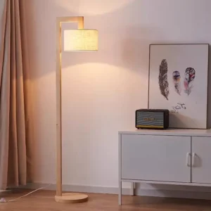 L-Shaped Solid Wood Floor Lamp with Cylinder Linen Shade FL-B008 4