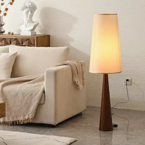 Dark Wood Conical Base Floor Lamp with Tall Fabric Shade FL-B012 1