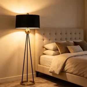 Modern Black & Brass Tripod Floor Lamp with Drum Fabric Shade FL-A016 4
