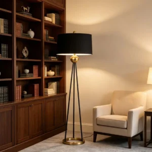 Modern Black & Brass Tripod Floor Lamp with Drum Fabric Shade FL-A016 2