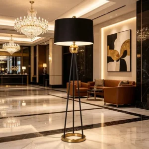 Modern Black & Brass Tripod Floor Lamp with Drum Fabric Shade FL-A016 3