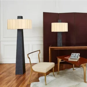 Tapered Black Metal Floor Lamp Pleated Cylindrical Fabric Drum Shade FL-A031 1
