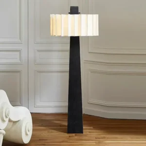 Tapered Black Metal Floor Lamp Pleated Cylindrical Fabric Drum Shade FL-A031 2