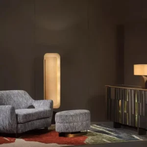 Double Layer Rectangle Linen Shade Floor Lamp Curved Matte Black Metal Base FL-A032 4