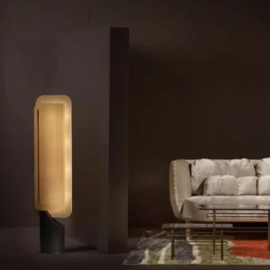 Double Layer Rectangle Linen Shade Floor Lamp Curved Matte Black Metal Base FL-A032 1