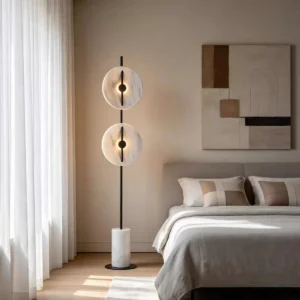 2-Light White Resin Disc Floor Lamp Vertical Black Metal Marble Base FL-A044 2