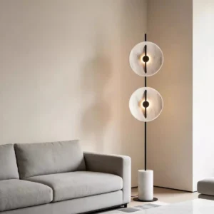 2-Light White Resin Disc Floor Lamp Vertical Black Metal Marble Base FL-A044 3
