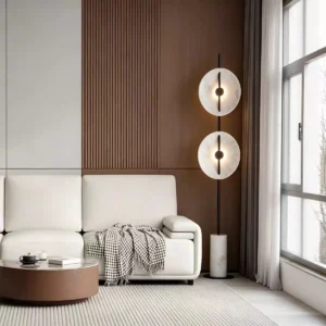 2-Light White Resin Disc Floor Lamp Vertical Black Metal Marble Base FL-A044 4