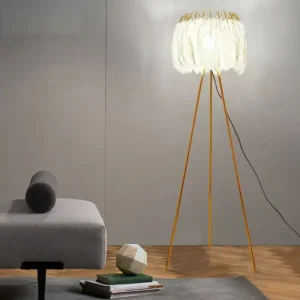 Modern Gold Tripod Floor Lamp with Natural White Feather Lampshade FL-A046 1