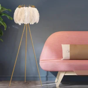 Modern Gold Tripod Floor Lamp with Natural White Feather Lampshade FL-A046 2