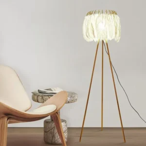 Modern Gold Tripod Floor Lamp with Natural White Feather Lampshade FL-A046 3