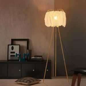 Modern Gold Tripod Floor Lamp with Natural White Feather Lampshade FL-A046 5