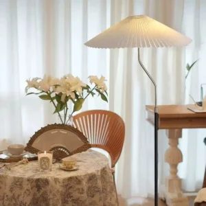 Japandi Arched Neck Pleated Shade Floor Lamp Black Metal Pole FL-A057 3
