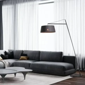 Minimalist Tension Wire Fishing Floor Lamp Black Fabric Drum Shade FL-A060 2