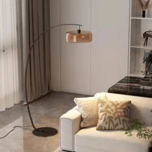 Black Metal Arc Fishing Floor Lamp with Drum Glass Shade FL-A073 1