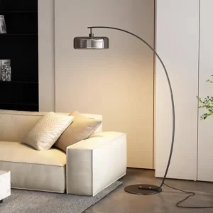 Black Metal Arc Fishing Floor Lamp with Drum Glass Shade FL-A073 2