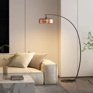 Black Metal Arc Fishing Floor Lamp with Drum Glass Shade FL-A073 3