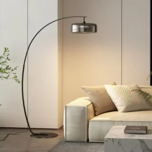 Black Metal Arc Fishing Floor Lamp with Drum Glass Shade FL-A073 4