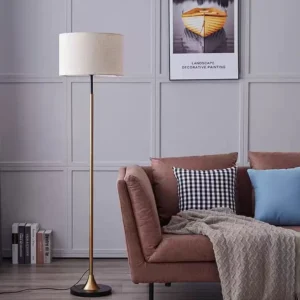 Modern Brass & Black Standing Lamp with Natural Linen Fabric Shade FL-A076 1