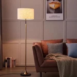 Modern Brass & Black Standing Lamp with Natural Linen Fabric Shade FL-A076 2