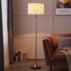 Modern Brass & Black Standing Lamp with Natural Linen Fabric Shade FL-A076 3