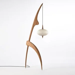 Wabi Sabi Solid Wood Sculptural Floor Lamp with Pleated Silk Pendant Shade FL-B024 1