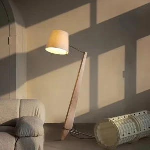 Mid Century Diagonal Wooden Pole Floor Lamp with Linen Fabric Lampshade FL-B025 1