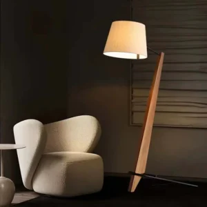 Mid Century Diagonal Wooden Pole Floor Lamp with Linen Fabric Lampshade FL-B025 2
