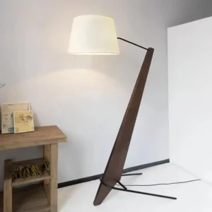 Mid Century Diagonal Wooden Pole Floor Lamp with Linen Fabric Lampshade FL-B025 3