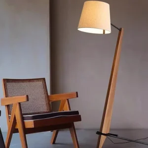 Mid Century Diagonal Wooden Pole Floor Lamp with Linen Fabric Lampshade FL-B025 4