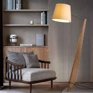 Mid Century Diagonal Wooden Pole Floor Lamp with Linen Fabric Lampshade FL-B025 5
