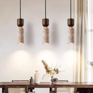 Modern Travertine & Wood Cylinder Pendant Light P3005 1