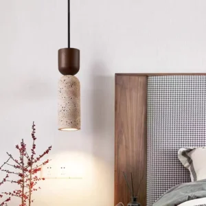 Modern Travertine & Wood Cylinder Pendant Light P3005 2