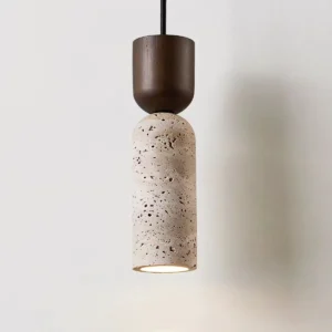 Modern Travertine & Wood Cylinder Pendant Light P3005 3