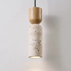 Modern Travertine & Wood Cylinder Pendant Light P3005 8