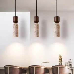 Modern Travertine & Wood Cylinder Pendant Light P3005 4
