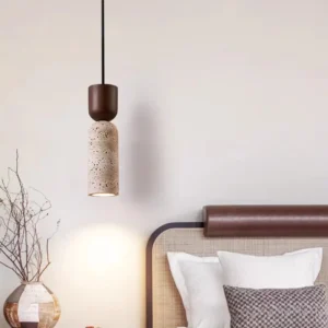 Modern Travertine & Wood Cylinder Pendant Light P3005 5
