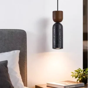 Modern Travertine & Wood Cylinder Pendant Light P3005 6