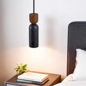 Modern Travertine & Wood Cylinder Pendant Light P3005 7