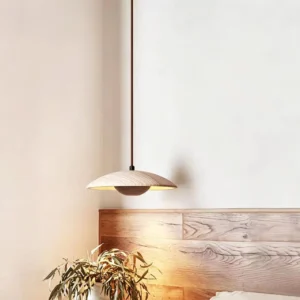 Modern Travertine & Wood Saucer Pendant Light P3006 1