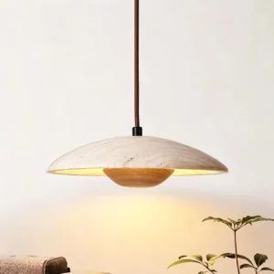 Modern Travertine & Wood Saucer Pendant Light P3006 2
