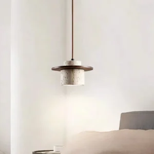 Modern Travertine & Wood Halo Pendant Light P3007 1