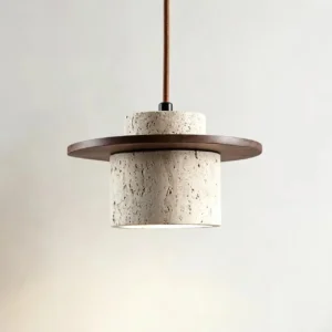 Modern Travertine & Wood Halo Pendant Light P3007 2