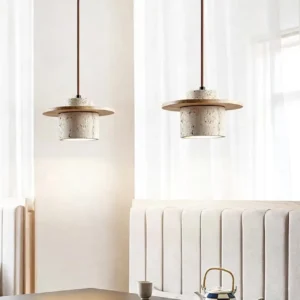 Modern Travertine & Wood Halo Pendant Light P3007 3