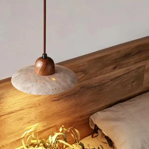 Japandi Travertine & Wood Hanging Lamp P3011 1