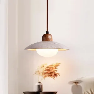 Japandi Travertine & Wood Hanging Lamp P3011 7