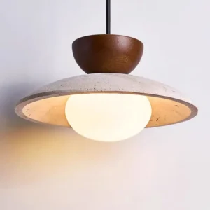 Travertine & Wood Dome Pendant Light P3014 1