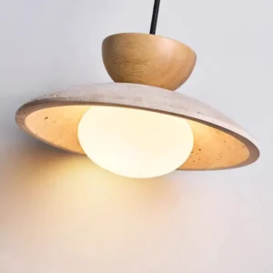 Travertine & Wood Dome Pendant Light P3014 2